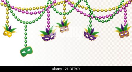 mardi gras with beads and a hanging mask. isolated on transparent background. vector design illustration Stock Vector