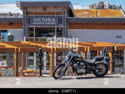 Honda Shadows parking on the street in Victoria BC, Canada. Black motorbike parked by Victoria Harbour Airport-July 21,2021. Street view, travel photo Stock Photo