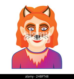 Portrait of Funny Girl with Face Painting on White Background. Icon with Fox Character. Vector Illustration. Stock Vector