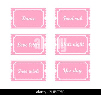 Valentines coupons. Love night tickets. Best gift for boyfriend. Present for couples. Vector cards templates in cartoon style Stock Vector