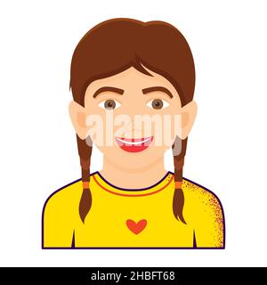 Portrait of Funny Girl in Yellow T-Shirt Isolated on White Background. Vector Illustration. Cartoon Character. Stock Vector