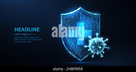 Shield with cross and virus. Abstract vector 3d viral microbe on shield. Stock Vector