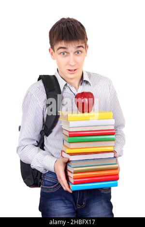 Surprised Student with Knapsack Holding the Books Isolated on the White Background Stock Photo