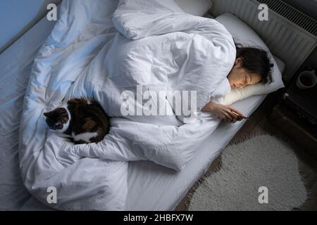 Young lonely depressed woman using smartphone while lying alone in bed with cat in at night Stock Photo