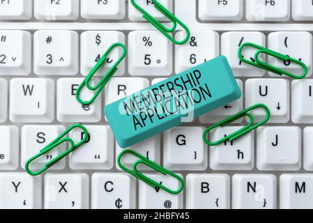 Writing displaying text Membership Application. Word Written on Gateway to any organization to check if Eligible Typing Character Background Story Stock Photo