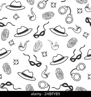 Detective seamless pattern. Hand drawn sketch doodle style crime background. Footprint, fingerprint, magnifier detective investigation pattern. Vector illustration. Stock Vector