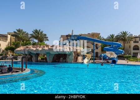 Hurghada, Egypt - May 28, 2021: View of the swimming pool in the Stella Di Mare Gardens Resort and Spa located in Makadi Bay, which one of Egypt beaut Stock Photo