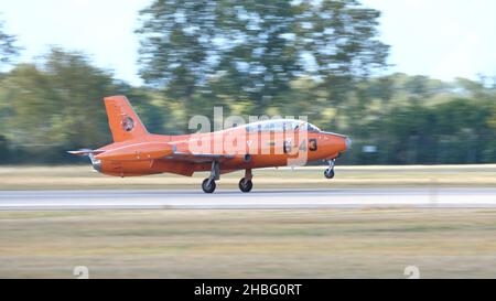 Rivolto del Friuli Italy SEPTEMBER, 17, 2021 Jet training airplane of the 1950s takes off. Aermacchi MB-326 by Volafenice Stock Photo