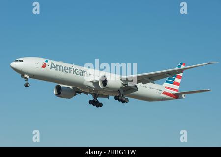 American Airlines Boeing 777-323(ER) with registration N731AN arriving at LAX, Los Angeles International Airport. Stock Photo