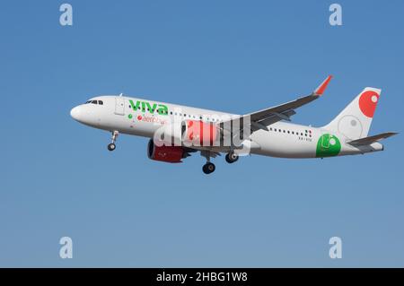 Viva Aerobus Airbus A320-217N with registration XA-VIU arriving at LAX, Los Angeles International Airport. Stock Photo