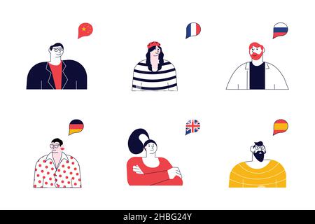 Set of people speaking different languages or studing a foreign language. Flat Art Vector Illustration Stock Vector