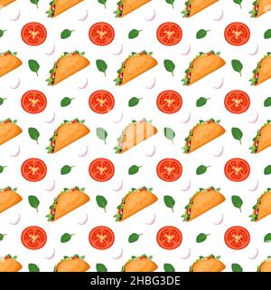 Seamless pattern with Mexican traditional taco food and green spinach. Fast food print for restaurant, cafe and design on white background. Vector flat illustration Stock Vector