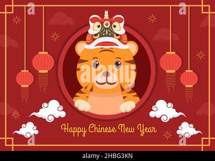 Happy Chinese New Year 2022 with Zodiac Cute Tiger and Flower on Red Background for Greeting Card, Calendar or Poster in Flat Design Illustration Stock Vector