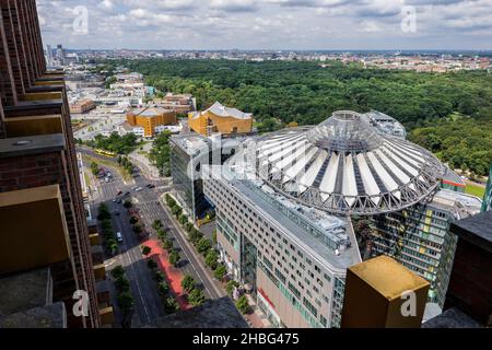 City of Berlin in Germany, cityscape with view above Sony Center complex at e Potsdamer Platz and Tiergarten park. Stock Photo