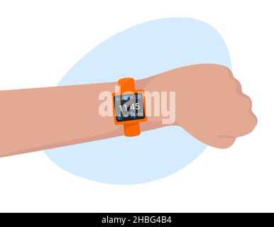 Smart watch on hand top view isolated. Fitness bracelet, smartband showing time, indicators of pulse, steps and calories on display. Vector flat illus Stock Vector