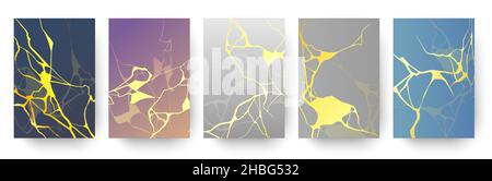 Posters with japanese gold kintsugi cracks, marble texture. Repaired broken pottery with golden lines. Luxury art prints design vector set Stock Vector