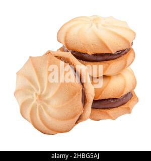 Shortbread whirls biscuits with chocolate filling isolated on white background Stock Photo