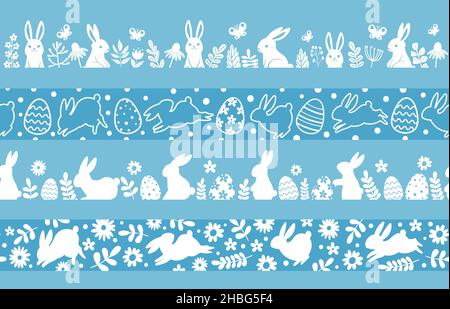 Easter silhouette borders with bunny, eggs and flowers. Spring meadow ornament for traditional easter decoration. Rabbit vector patterns set Stock Vector