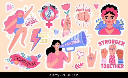 Cartoon stickers with feminism symbol and quote, girl power. Women rights activist. Frida kahlo. Feminist strong female character vector set Stock Vector