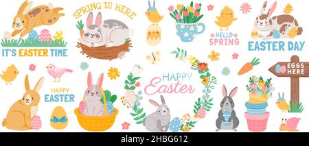Spring easter cute animal characters and garden elements. Cartoon easter bunny with eggs in basket, flowers, chickens and birds vector set Stock Vector