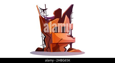 Destroyed building after cataclysm or war. Abandoned broken city house cartoon isolated vector illustration. Damaged structure or derelict town ruins after natural disaster, earthquake or explosion. Stock Vector