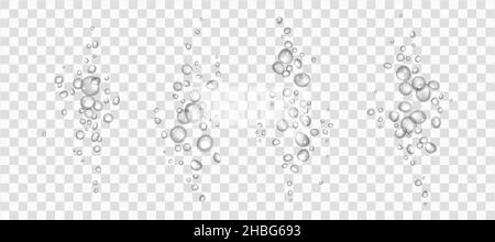 Effervescent water or oxygen fizz, white air bubbles realistic 3d vector illustration. Moving underwater fizzing. Soda or champagne drink design elements isolated on transparent background. Stock Vector