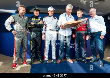 Pilot Paul Bonhomme presented with a commemorative gift from the Red Bull Air Race team following the racing at Royal Ascot racecourse. Pilots Stock Photo