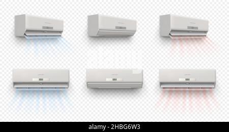 Closed and open air conditioner, flow cold and heat wind. Temperature and climate control system. Realistic ac with breeze waves vector set Stock Vector