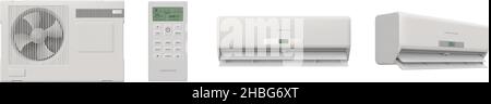 Realistic air conditioner, remote, indoor and outdoor ventilator. Split system, climate control technology. 3d room air condition vector set Stock Vector