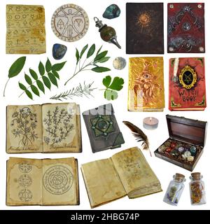 Witchcraft collection. Dried herbs, crystals, magic book. Watercolor  illustration on white isolated background Stock Illustration