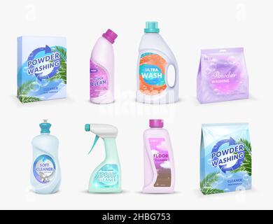 Realistic household cleaning product package with label design templates. Detergent powder in box, bleach in bottle, disinfectant vector set Stock Vector