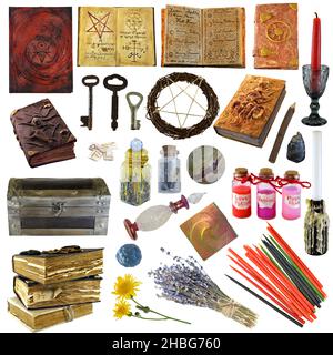 Design clip art set with magic book of spells, candles, lavender flower, crystal, old keys and witch objects isolated on white background. Esoteric, g Stock Photo