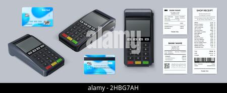 Realistic 3d pos machine top view, credit cards and receipt. Cashless payment terminal. Card reader device printing paper bills vector set Stock Vector