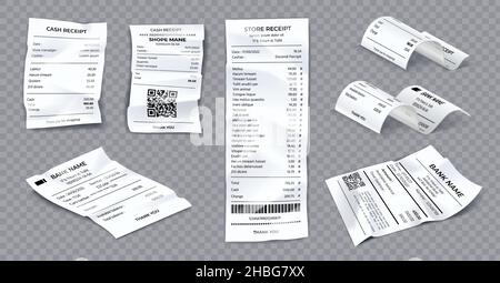 Realistic rolled, curved and crumpled bank and shop receipts. White paper payment bill. Supermarket printed sale, 3d cash check vector set Stock Vector