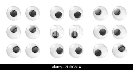 Eyeball of toys set, googly eyes, plastic open eyes of dolls looking up  down left right Stock Vector