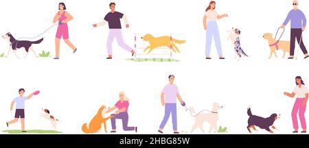 Flat happy people walking, training and playing with dogs. Blind person with guide dog. Men and women and domestic dogs activity vector set Stock Vector