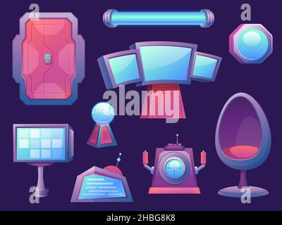 Cartoon futuristic alien space ship room interior elements. Spaceship cockpit and screen, chair and door. Rocket equipment, game vector set Stock Vector