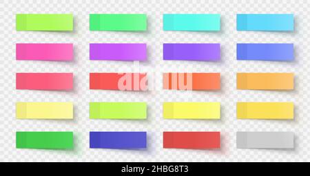 Realistic sticky paper post notes, colored sticker tag. Adhesive memo stripes with shadows. Office tape bookmark for documents vector set Stock Vector