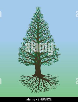 A vector illustration of a tree of life or yggdrasil with pine needles. The tree has a pointed shape. Stock Vector