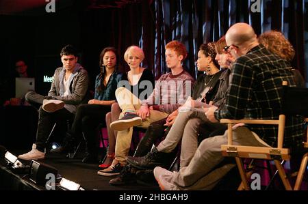 Sean Teale, Grace Violet, Dakota Blue Richards, Alexander Arnold, Layla Lewis and Will Merrick speak during the Meet the Cast: Skins event at the Apple Store in London. Stock Photo