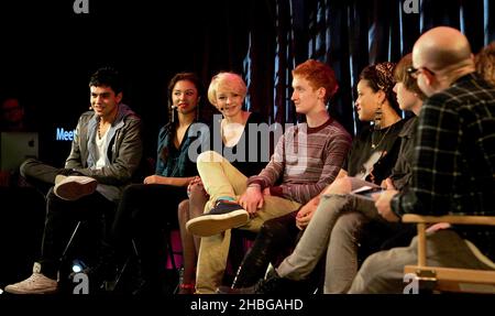 Sean Teale, Grace Violet, Dakota Blue Richards, Alexander Arnold, Layla Lewis and Will Merrick speak during the Meet the Cast: Skins event at the Apple Store in London. Stock Photo