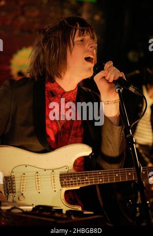 Blaine Harrison of Mystery Jets performs at the Topman CTRL 4 MX at Stoke Newington International Airport. Stock Photo