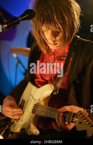 Blaine Harrison of Mystery Jets performs at the Topman CTRL 4 MX at Stoke Newington International Airport. Stock Photo