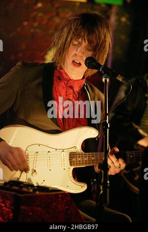 Blaine Harrison of Mystery Jets performs at the Topman CTRL 4 MX at Stoke Newington International Airport. Stock Photo