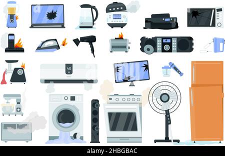 Flat broken household appliance, damaged tech on fire. Burnt out toaster, oven and heater. Tv display with crack. Old electronics vector set Stock Vector