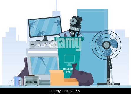 Pile of old broken appliances and electronics, e-waste dump. Destroyed devices in trash can. Electrical garbage recycle, flat vector concept Stock Vector