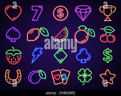 Vegas casino neon slot icons for signs and decor. Glowing gambling game symbols 7, cards, fruits, coin, cherry and lucky clover vector set Stock Vector