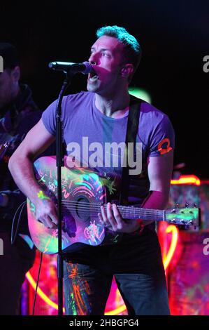 Chris Martin of Coldplay during the 2012 Brit awards at The O2 Arena, London. Stock Photo