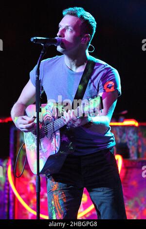 Chris Martin of Coldplay during the 2012 Brit awards at The O2 Arena, London. Stock Photo