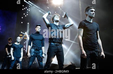 Tom Parker, Jay McGuinness, Siva Kaneswaran and Max George and Nathan Sykes of The Wanted perform at the O2 Arena in London. Stock Photo